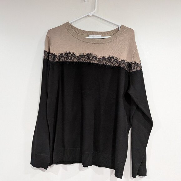 Cleo Crew Neck Sweater with Lace Detail Beige Black Size XXL - Picture 1 of 5